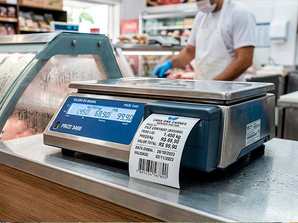Etiqueta para balança com peso, preço e código de barras