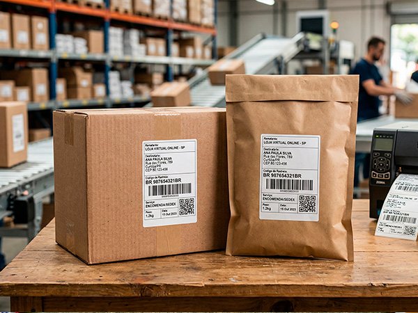 Etiqueta para e-commerce com endereço, rastreio e postagem