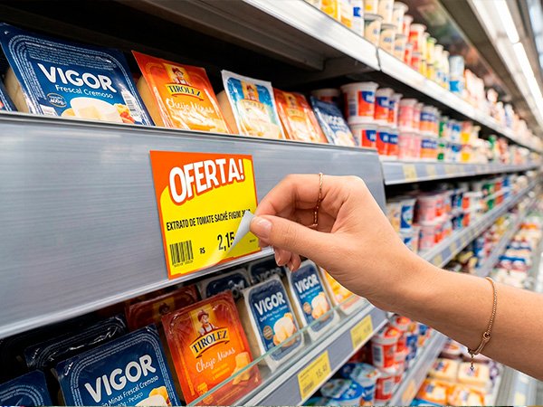 Etiqueta de gôndola com preço e código de barras para prateleiras